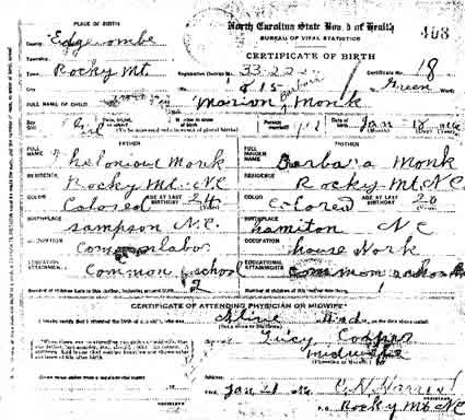 Marion Monk's Birth Certificate